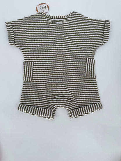 Olive Green Stripe Romper with Side Pockets and Buttons by Mudpie