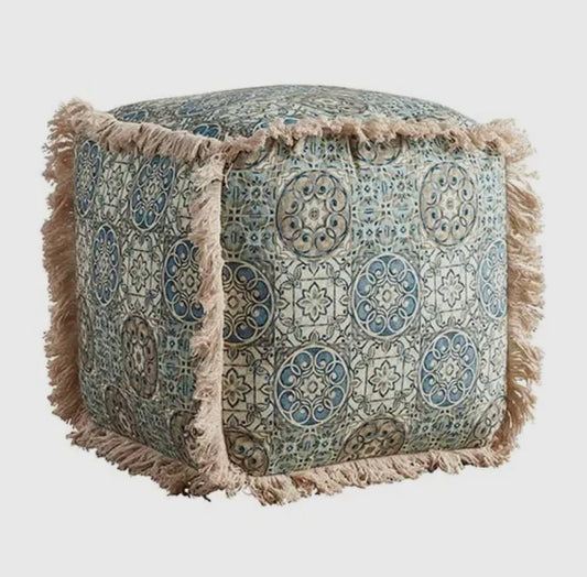 Green Printed Fringe accent Pouf Cube