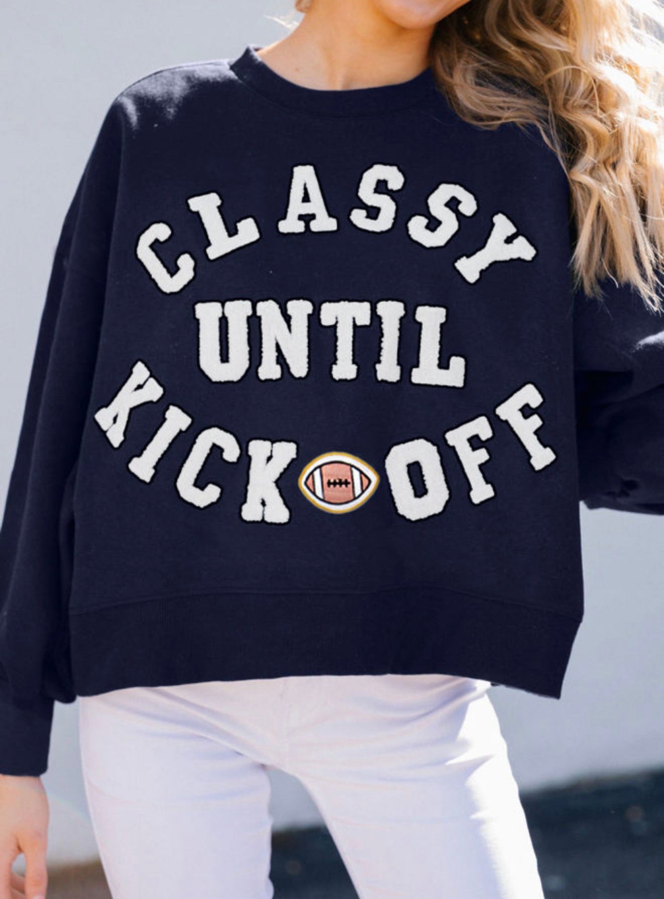 MLCKO Classy Until Kickoff Plush Lettered Cropped Oversized Sweatshirt in Navy