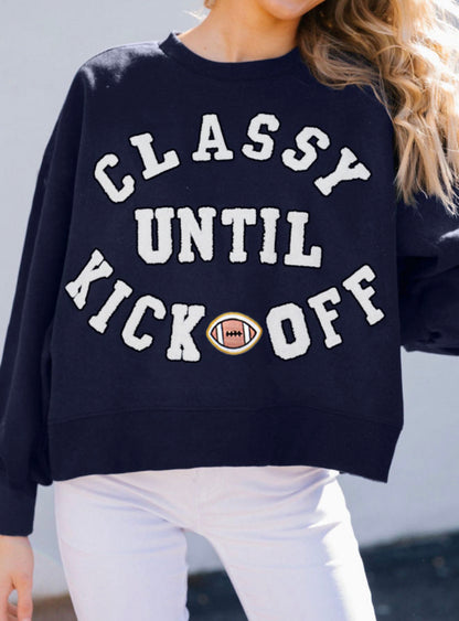 MLCKO Classy Until Kickoff Plush Lettered Cropped Oversized Sweatshirt in Navy