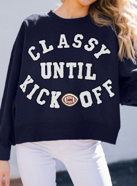 Navy MLCKO Classy Until Kickoff plush oversized cropped sweatshirt with lettered design by Ivy's Gifts & Boutique.