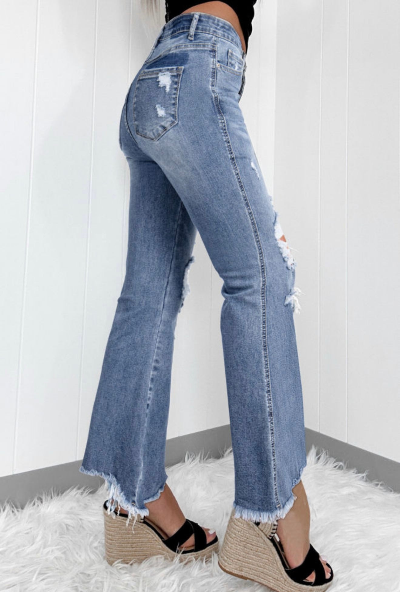 Distressed Blue Jeans with Trendy Frayed Wide Leg Hem