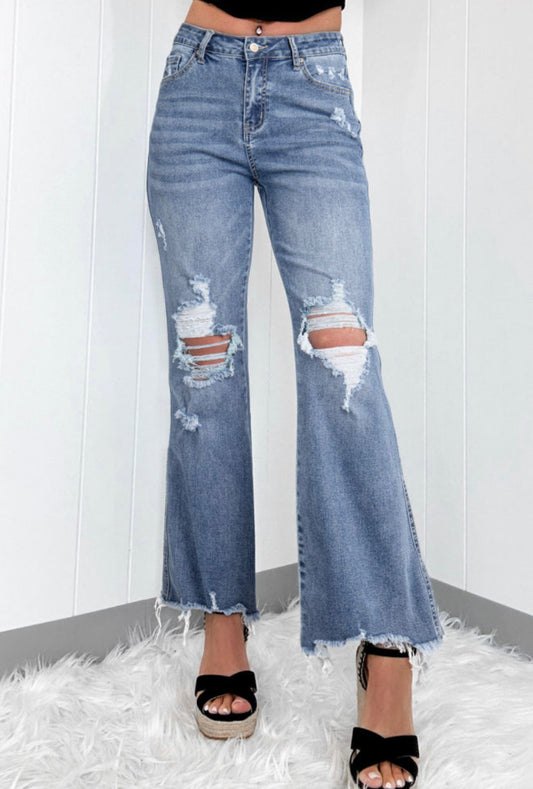 Distressed Blue Jeans with Trendy Frayed Wide Leg Hem