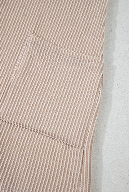 Beige Ribbed Knit Romper with Pocket and Button Detail