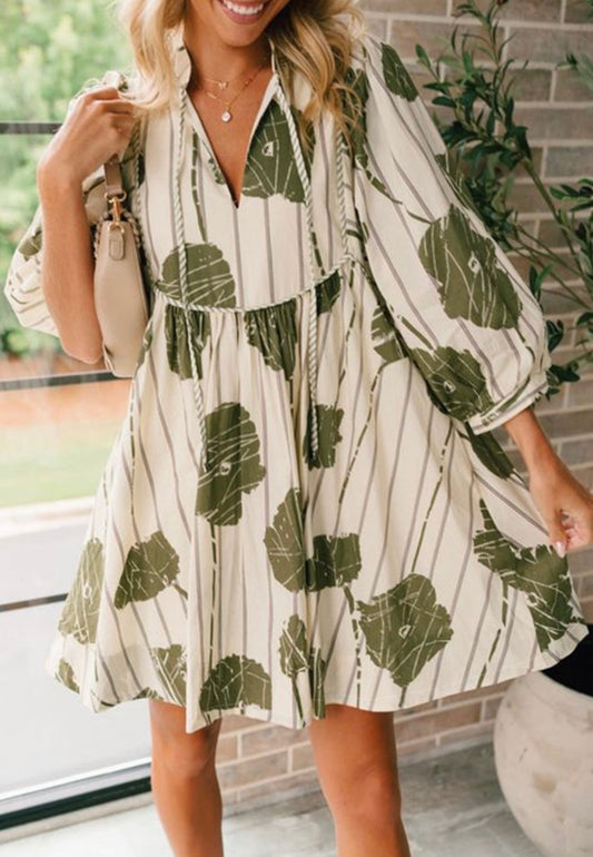 Green Printed Dress with Stripe and Piping Tie