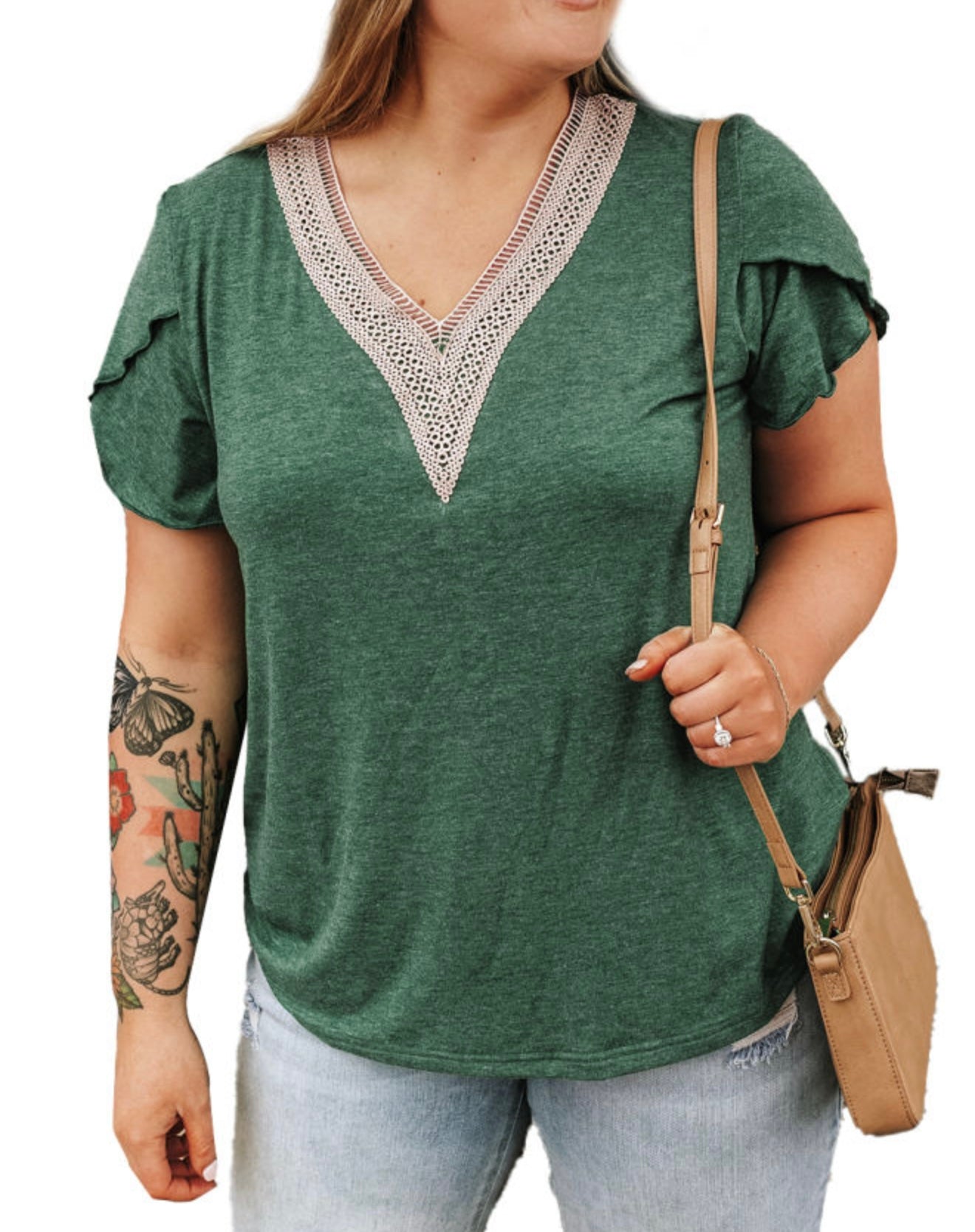 Green Top with Crochet Neck Trim and Criss Cross Sleeve