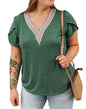 Green Top with Crochet Neck Trim and Criss Cross Sleeve