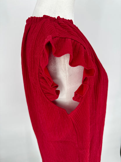 Red Sparkle Sleeveless Blouse with Shoulder Ruffles