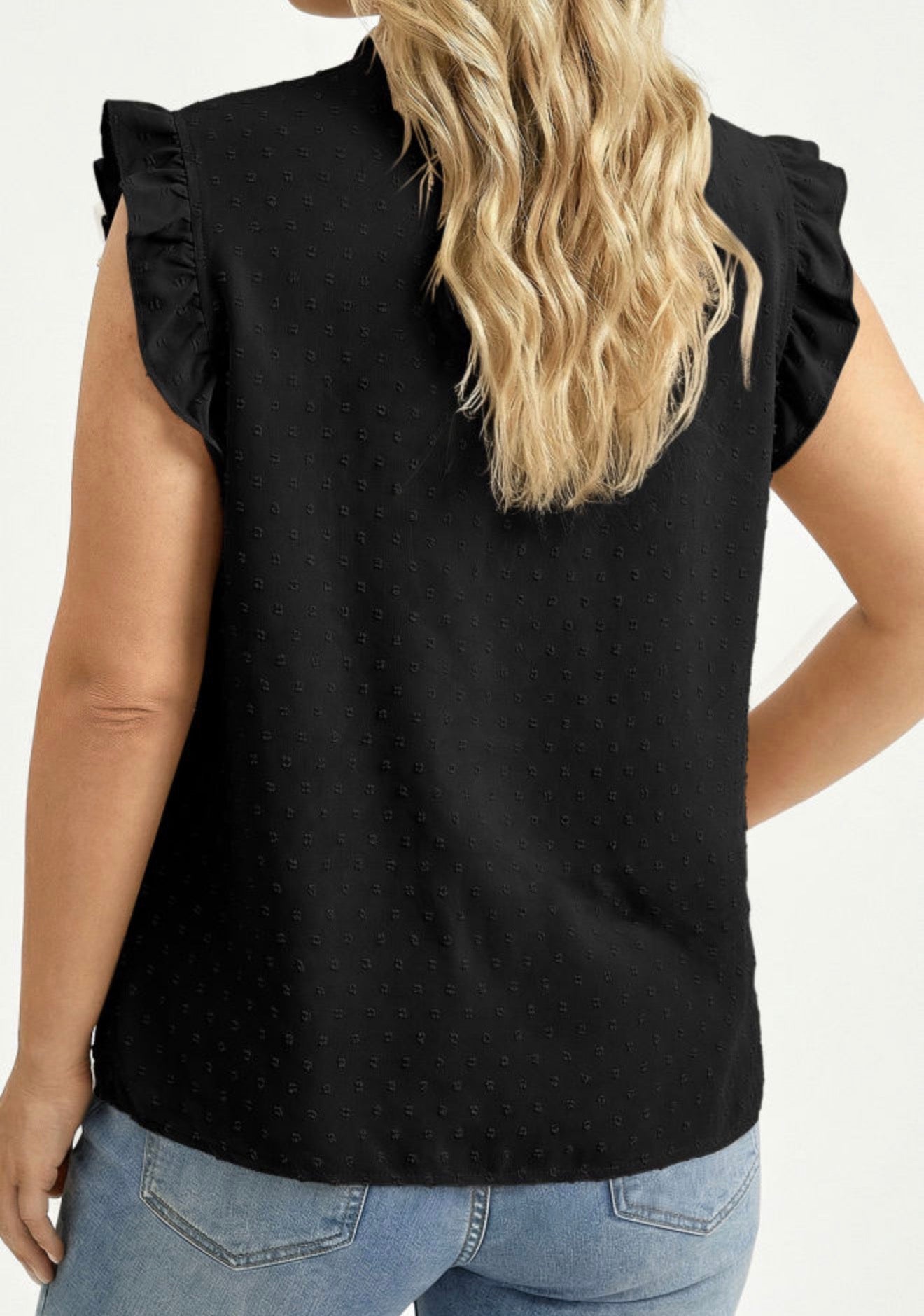 PP19 Black Ruffle Lace V Neck Sleeveless Top in Swiss Dot Fabric for Added Charm