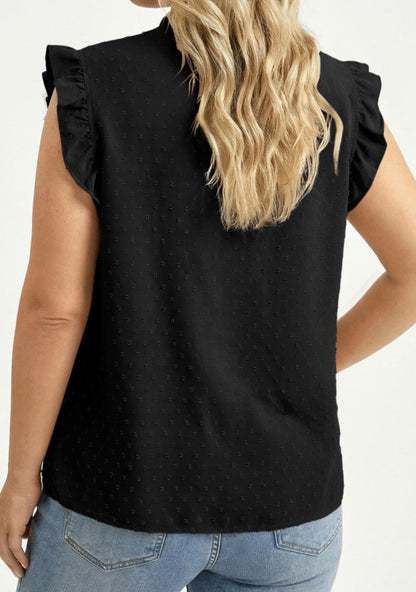 PP19 Black Ruffle Lace V Neck Sleeveless Top in Swiss Dot Fabric for Added Charm
