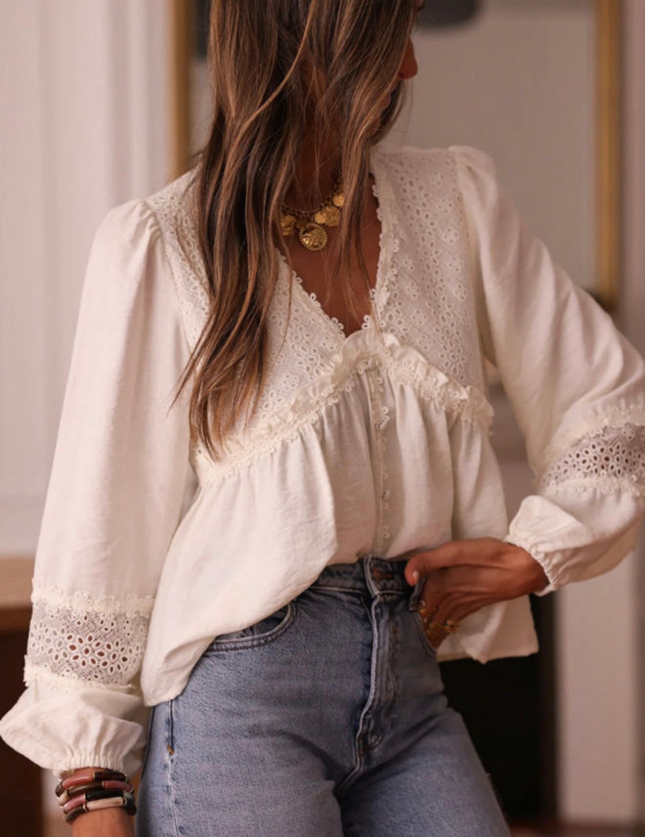 A70 White Floral Lace Accent V Neck Top - Ivy's Gifts & Boutique