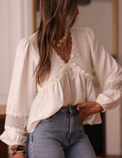 A70 White Floral Lace Accent V Neck Top - Ivy's Gifts & Boutique