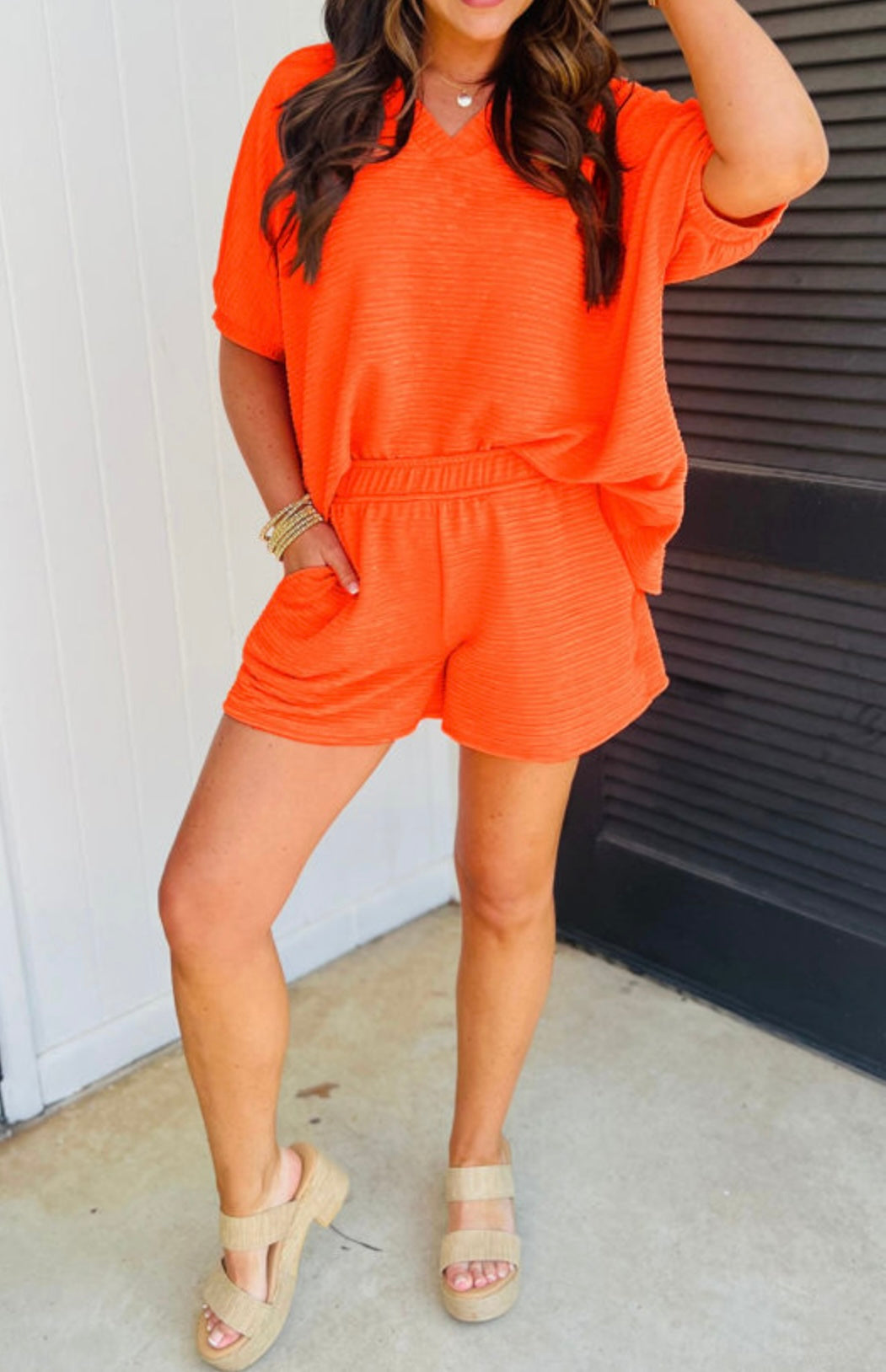2 pc Orange Short Set with Drawstring Waist