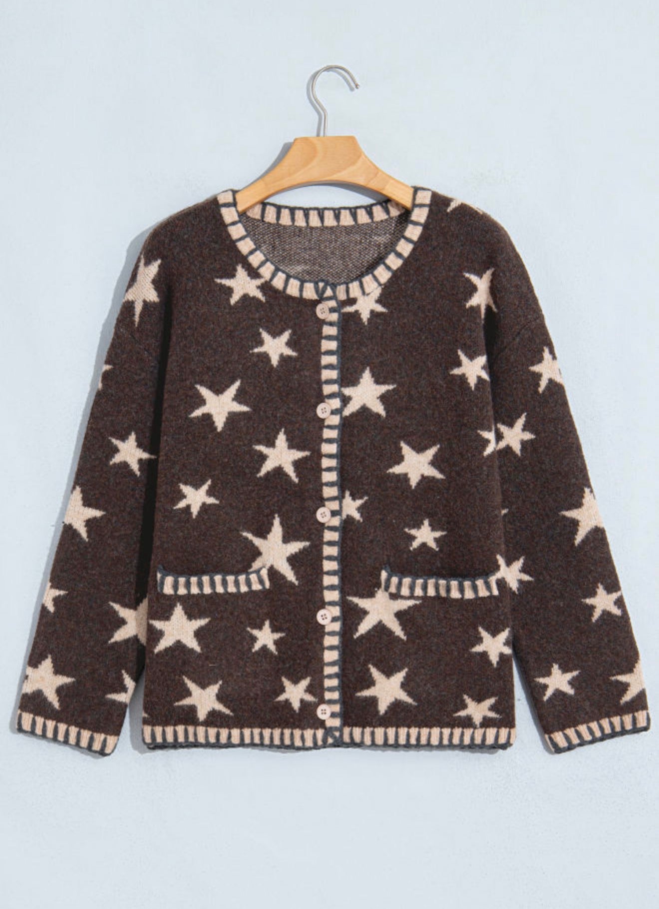 MLSS Brown Button Up Cardigan Sweater with Star Details and Blanket Stiching on Pockets,Cuffs, Neck and Hem