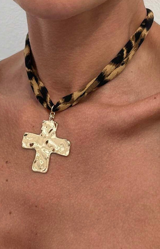 Animal Print Fabric Necklace with Gold Hammered Metal Cross
