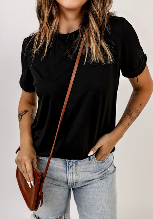 Black T Shirt with Cuff Sleeves
