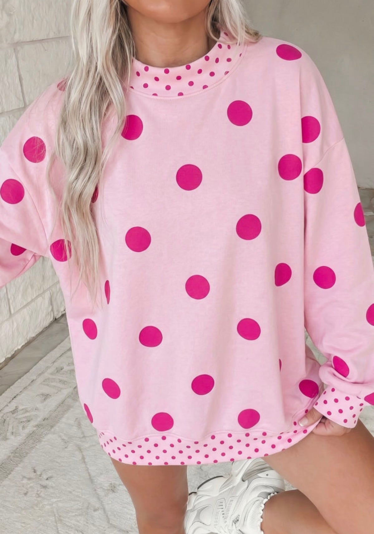 MLPPD Pink Polka Dot Oversized Long Sleeve Top with Smaller Polka Dot Trim