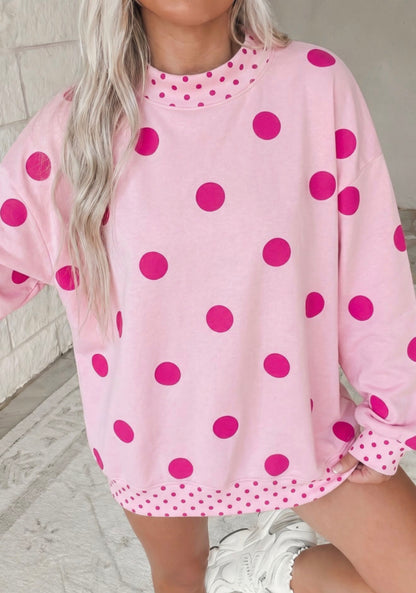 MLPPD Pink Polka Dot Oversized Long Sleeve Top with Smaller Polka Dot Trim