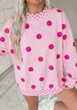 MLPPD Pink Polka Dot Oversized Long Sleeve Top with Smaller Polka Dot Trim