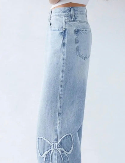 BJF Light Denim Jeans with Frayed Edge Bow Accents