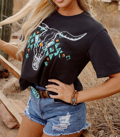 Gray Steer Skull with Turquoise Accents Cropped Tee