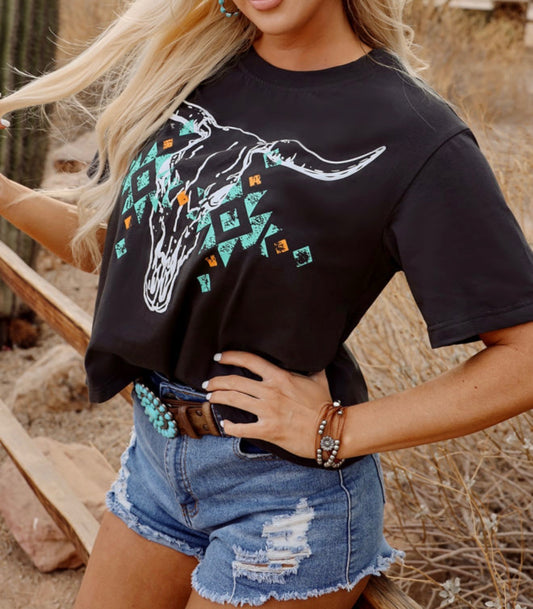 Gray Steer Skull with Turquoise Accents Cropped Tee