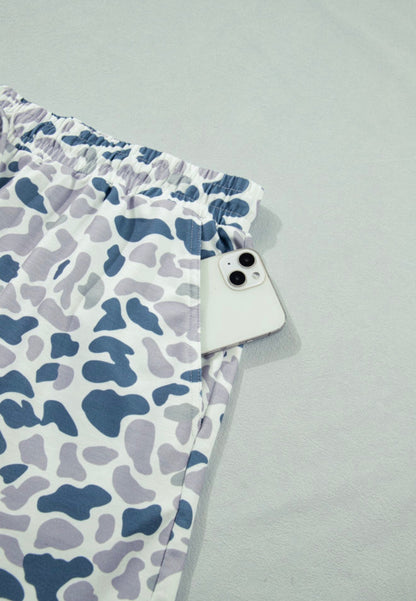 PP21 Camo Print 2pc Short Set with Contrast Color Zip Up Neckline Collar Top and Elasric Waist Drawstring Shorts with Pockets