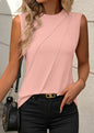 Sleeveless Top with Crewneck and Pleat Design