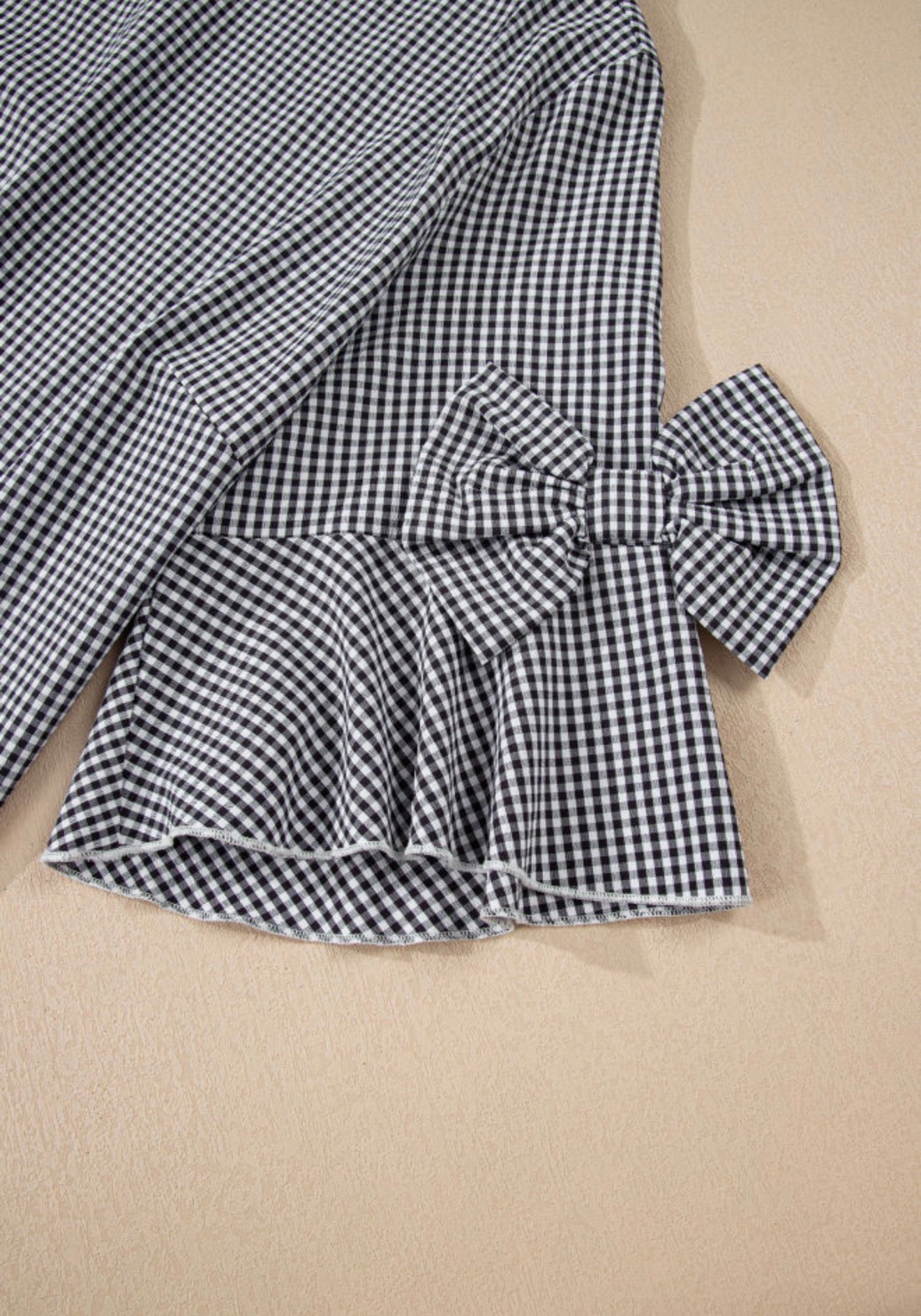PP14 Black and White Miniature Plaid Round Neck Top with Bow Accented Bell Sleeves
