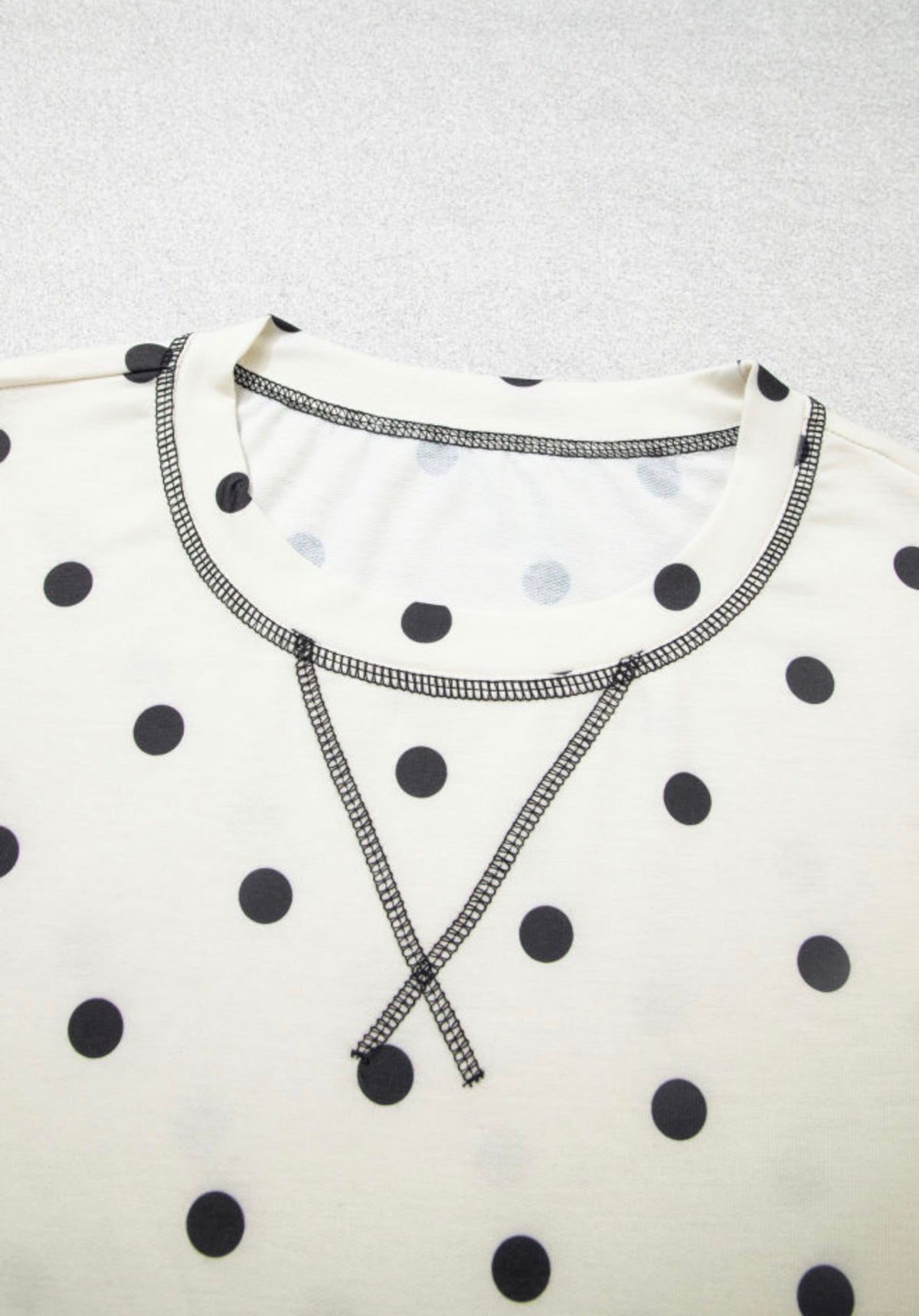 MLCPD Cream 2 Piece Pant Set with Black Polka Dots Elastic Drawstring Waist Pants and Black Accent Stitching Details