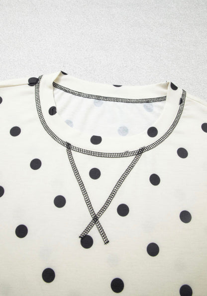 MLCPD Cream 2 Piece Pant Set with Black Polka Dots Elastic Drawstring Waist Pants and Black Accent Stitching Details