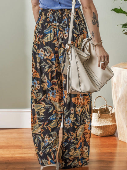 Floral and Leaf Print Wide Leg Elastic Waist Pants with Belt