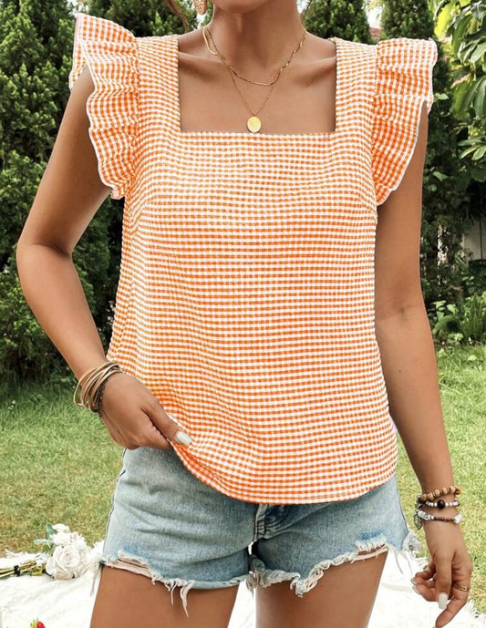 Orange and White Gingham Print Top