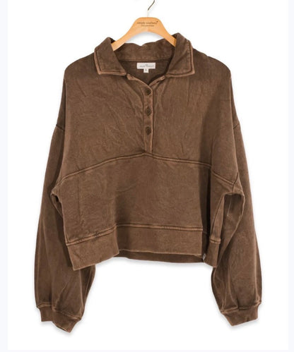 Brown washed panel pants and cropped snap sweatshirt top from Ivy's Gifts & Boutique, featuring a relaxed, casual fit.