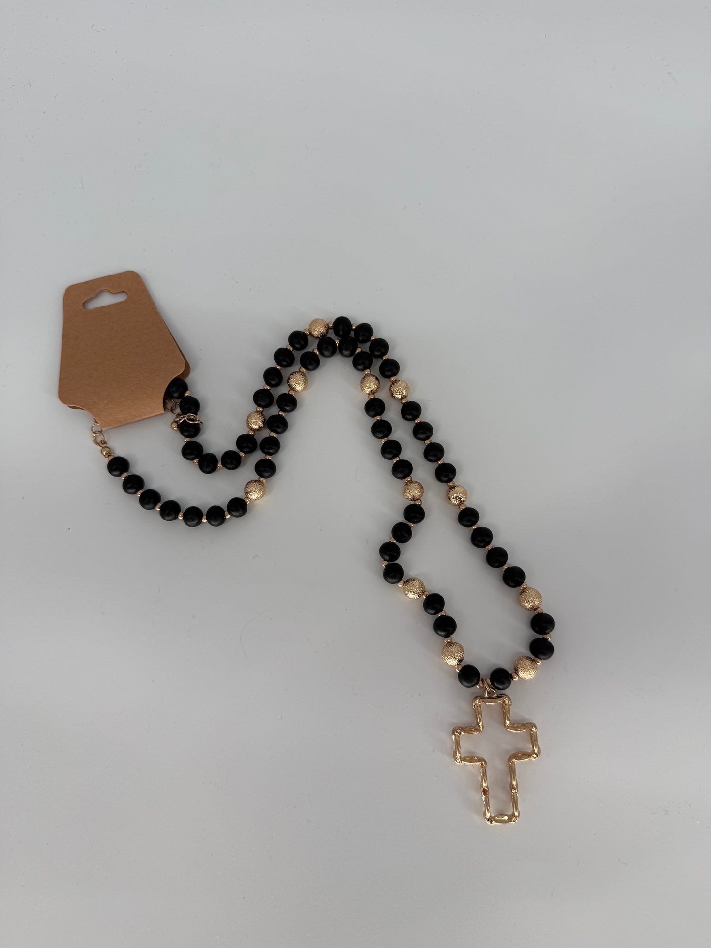 Wood and Gold Bead Cross Necklace
