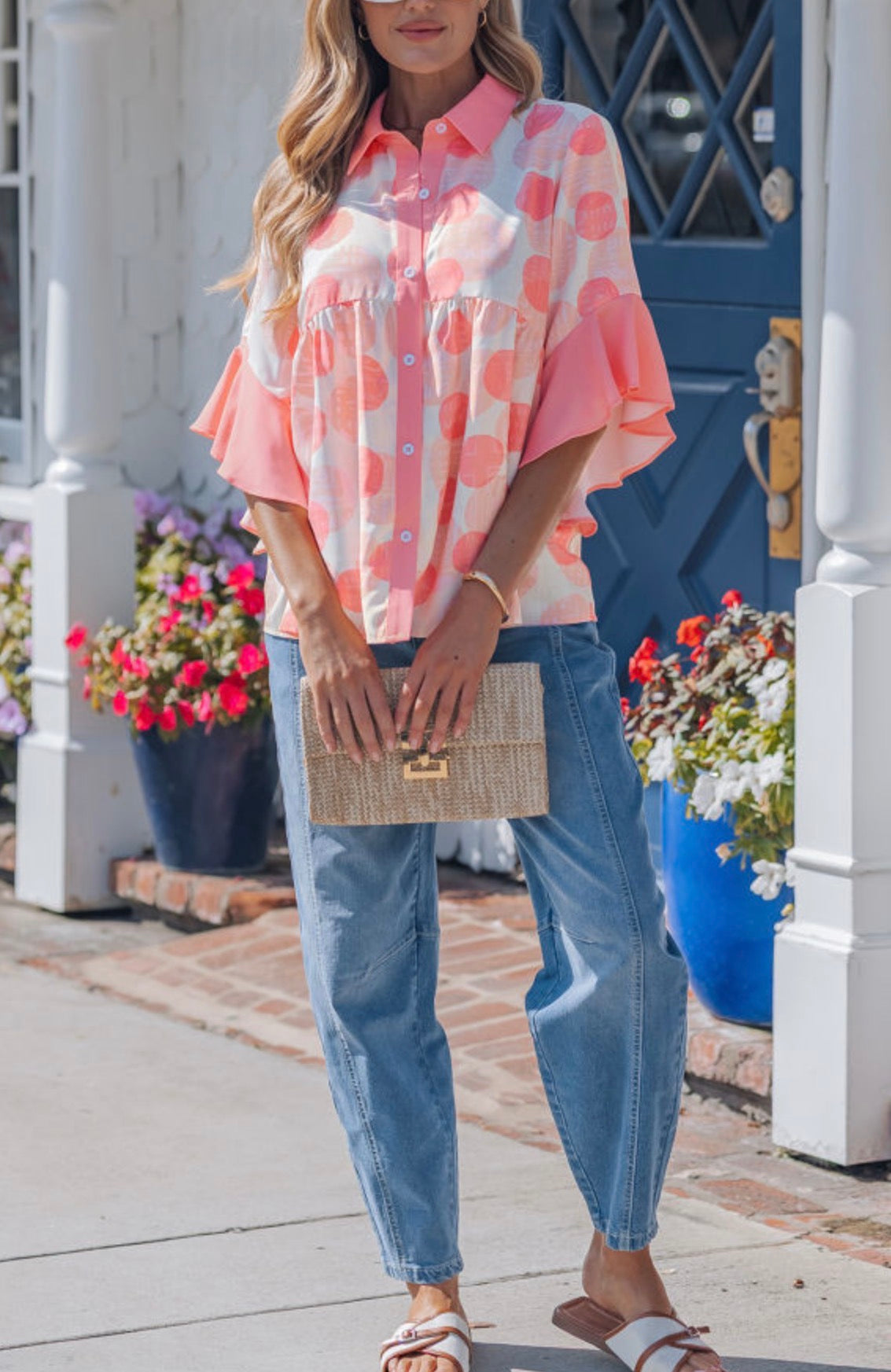Pink ruffle hem sleeve blouse with button front, loose fit, oversized polka dots, by Ivy's Gifts & Boutique.