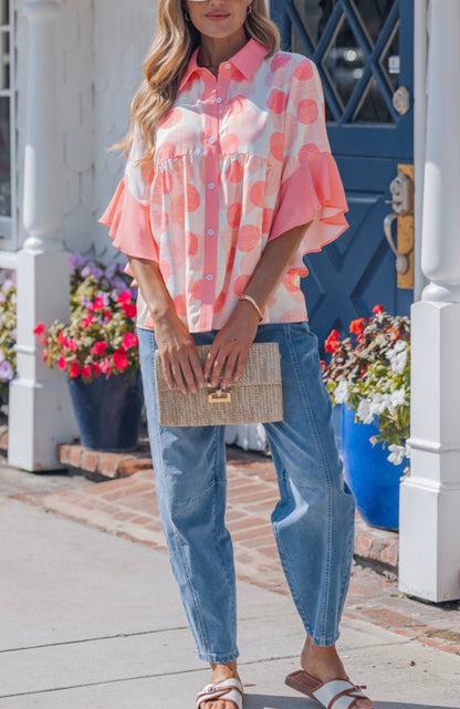 Pink ruffle hem sleeve blouse with button front, loose fit, oversized polka dots, by Ivy's Gifts & Boutique.