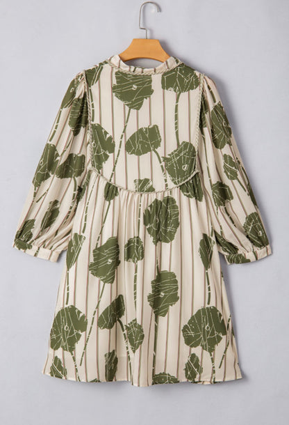 Green Printed Dress with Stripe and Piping Tie