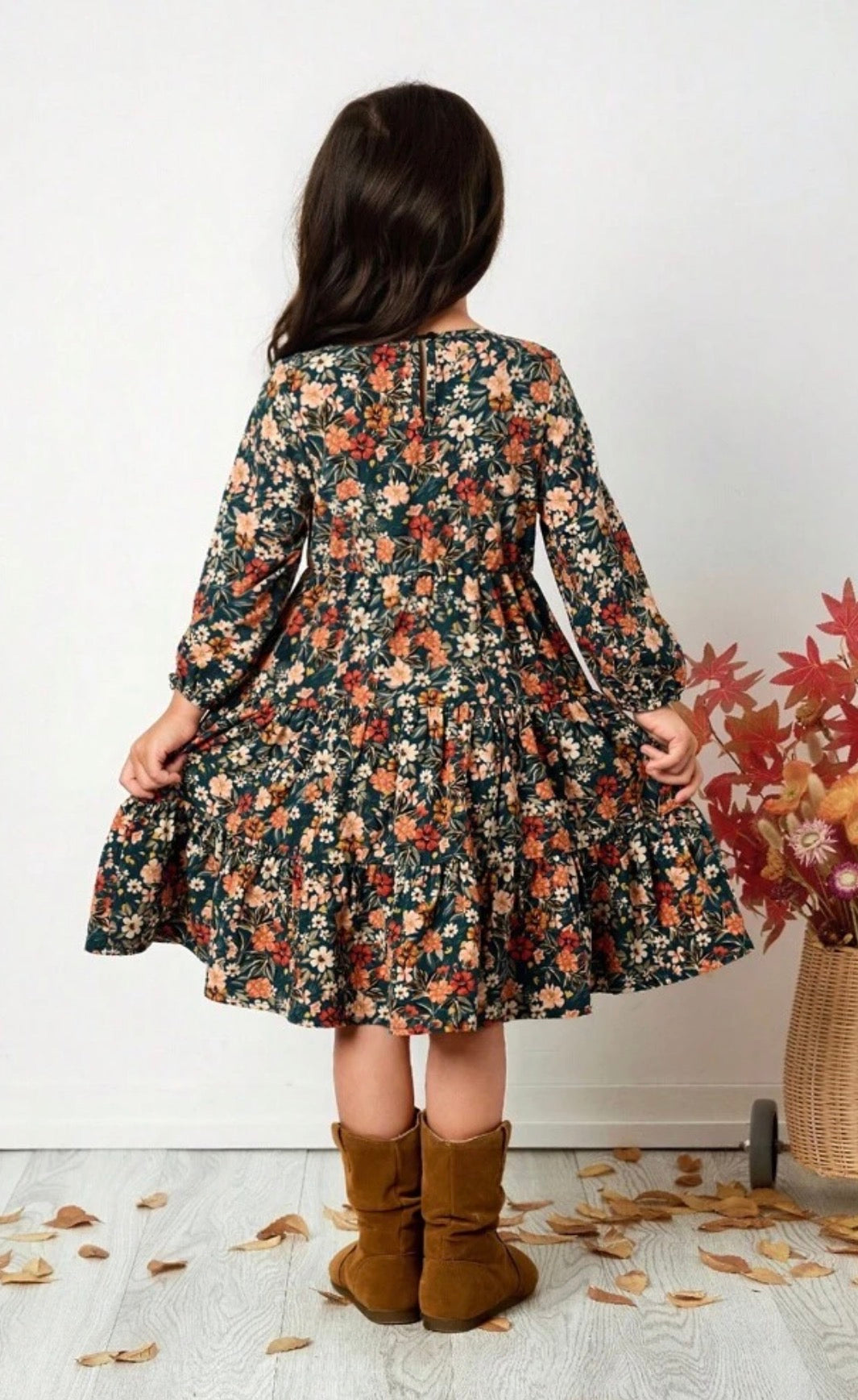 FL1 Fall Floral Print Dress with Long Sleeves and Ruffle Hem