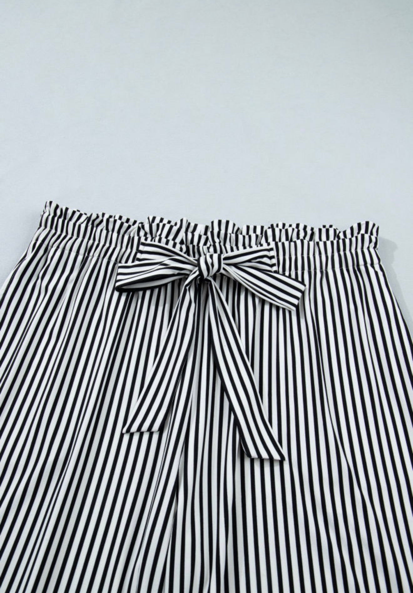PP4 Paper Bag Style Elastic Waist Black and White Stripe Pants with Tie Belt