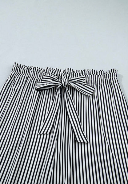 PP4 Paper Bag Style Elastic Waist Black and White Stripe Pants with Tie Belt