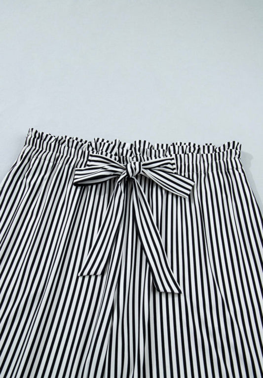 PP4 Paper Bag Style Elastic Waist Black and White Stripe Pants with Tie Belt