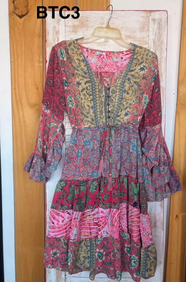 BTC BoHo Style Dress with Unique Fabric Patterns Ruffle Sleeve and Hem