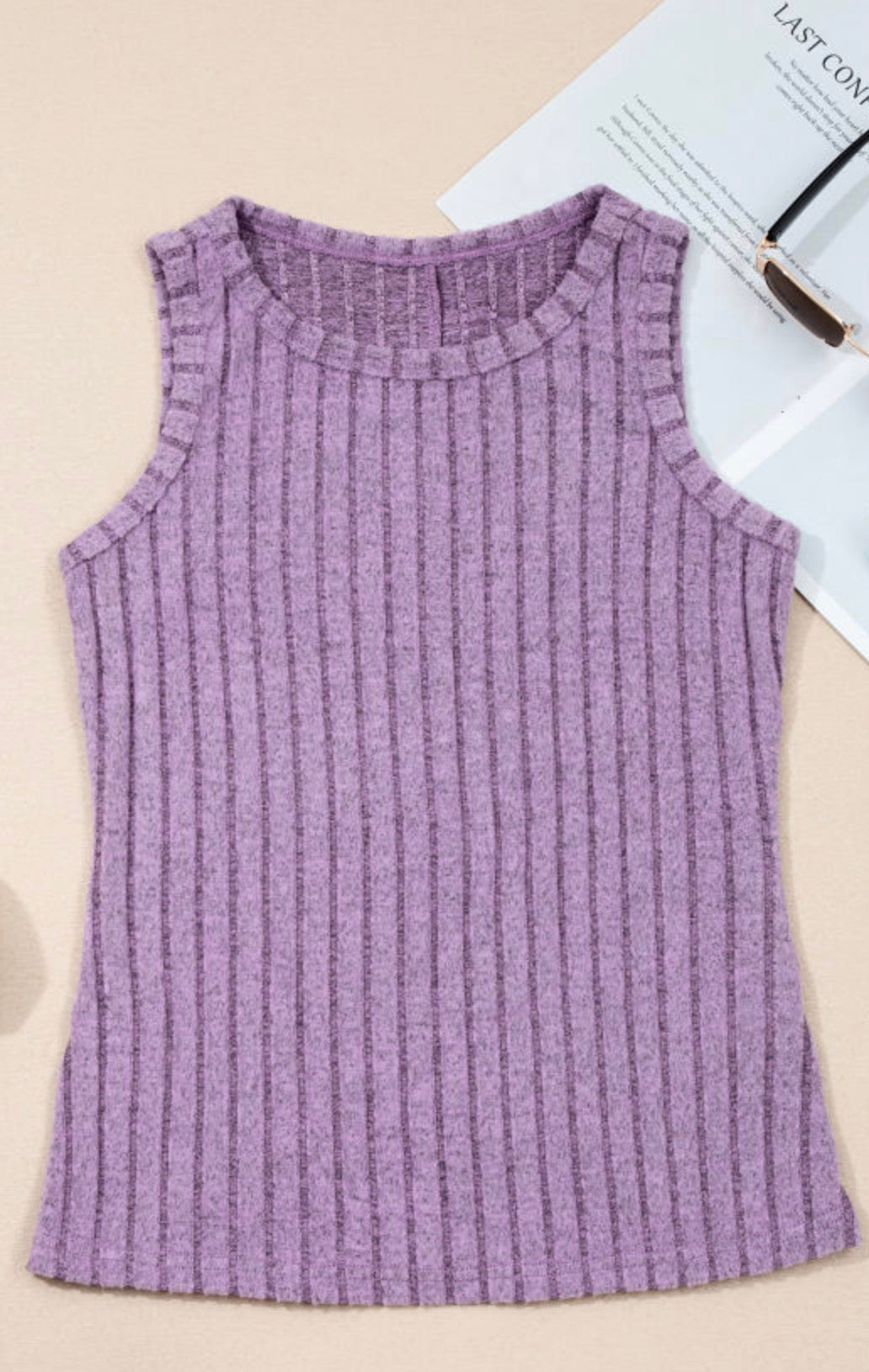 Lilac sleeveless ribbed top from Ivy's Gifts & Boutique, featuring a soft, fitted design and sleeveless style.