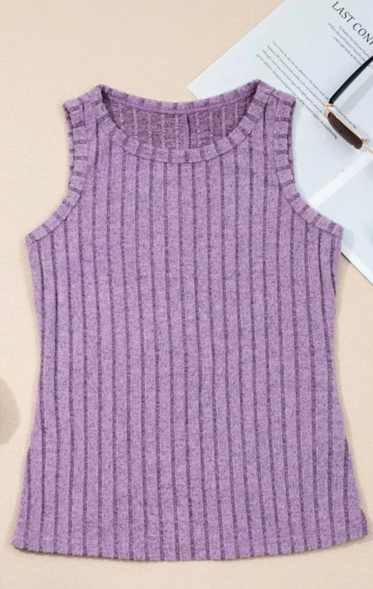 Lilac sleeveless ribbed top from Ivy's Gifts & Boutique, featuring a soft, fitted design and sleeveless style.