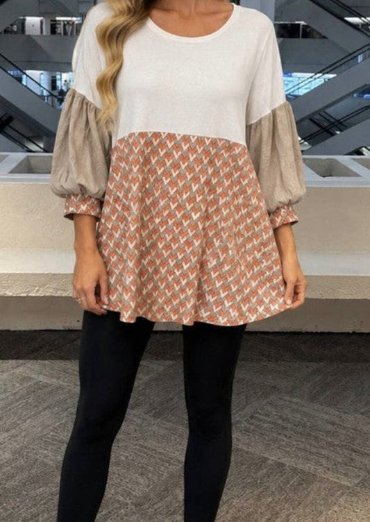 Ivy's Gifts & Boutique BL1 Flow Style blouse with 3/4 length sleeves featuring a colorful fall print on soft fabric