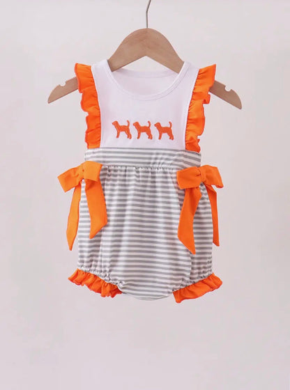 Ivy's Gifts & Boutique TN5 orange and white romper bubble with gray stripe embroidery and side bows, displayed on a child.