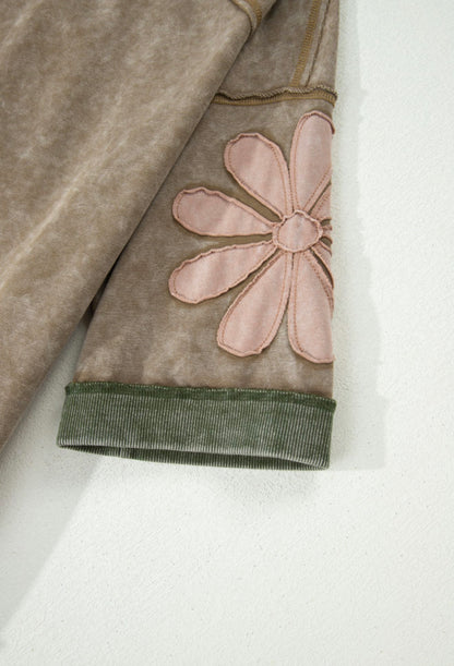 MLFT Acid Wash Olive Green Oversize Top with Flower Detail and Exposed Stiching