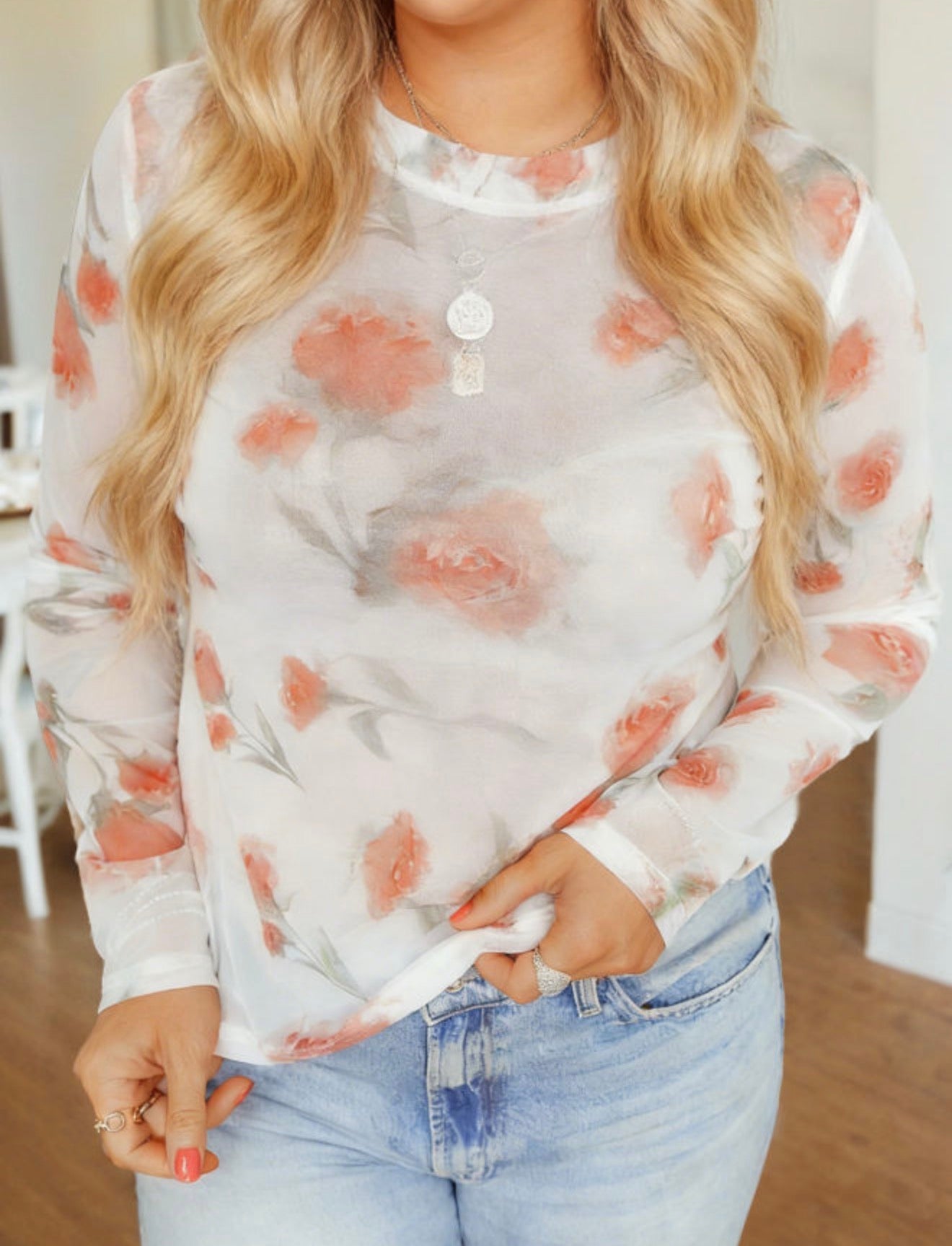 PP9 Sheer Long Sleeve Plus Size Top with Misty Peach Floral Print