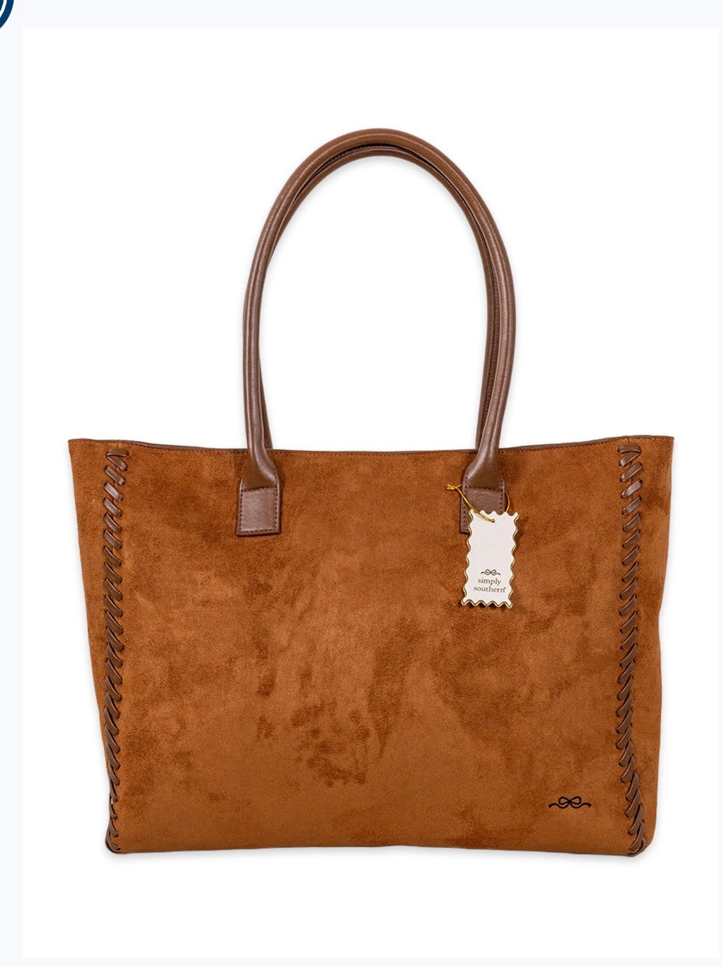 Ivy's Gifts & Boutique brown suede tote bag with zipper closure and leather lace stitched edges, shoulder bag for everyday use